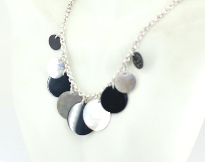 Vintage Modern Art Design Disc Liz Claiborne Black Enamel Rolo Chain Necklace 925 Sterling Silver NC  517