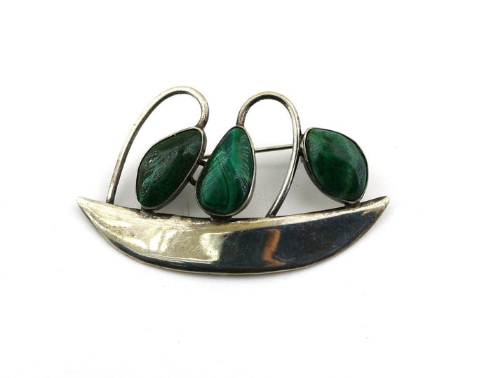 Vintage Israel Three Green Eilat Stones Pear Shape Abstract Design Brooch Sterling Silver 925 BB 2345S