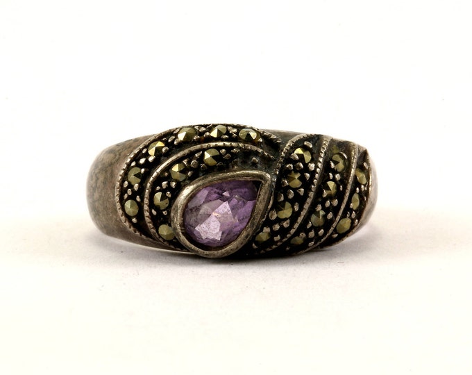 Vintage Size 8.75 Amethyst & Marcasite Design Band Ring 925 Sterling RG 3541
