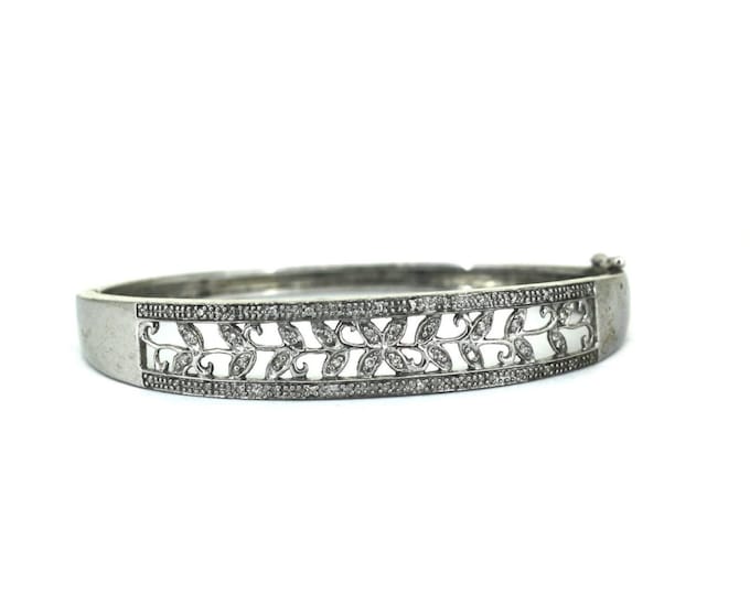 Vintage CZ Crystals Leaves Floral Design | Bangle Bracelet | 925 Sterling Silver Bracelet | BR 1924
