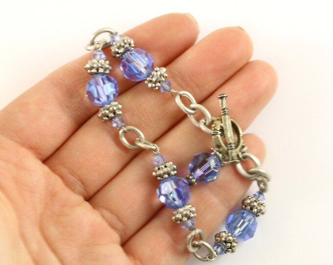 Vintage Beautiful Beaded Design Blue Crystals Link Toggle Bracelet  925 Sterling BR 2735