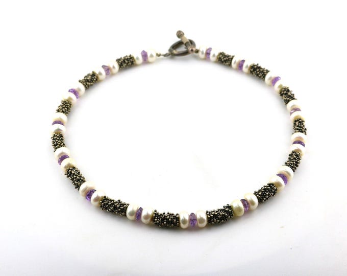 Vintage 17 Inch Natural Amethyst Stone White Pearls Beads Beaded Chain Design Necklace 925 Sterling NC 1880J