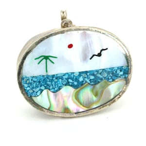Vintage Small Turquoise Abalone Mother Of Pearl Snuff Pill Box Silver OT 283