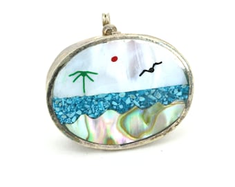Vintage Small Turquoise Abalone Mother Of Pearl Snuff Pill Box Silver OT 283