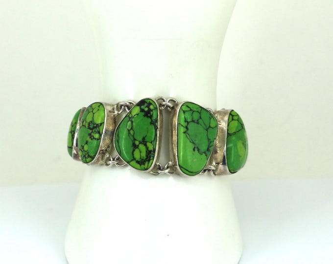 Vintage  Green Stone Adjustable Size Chain Link Bracelet 925 Sterling BR 3718