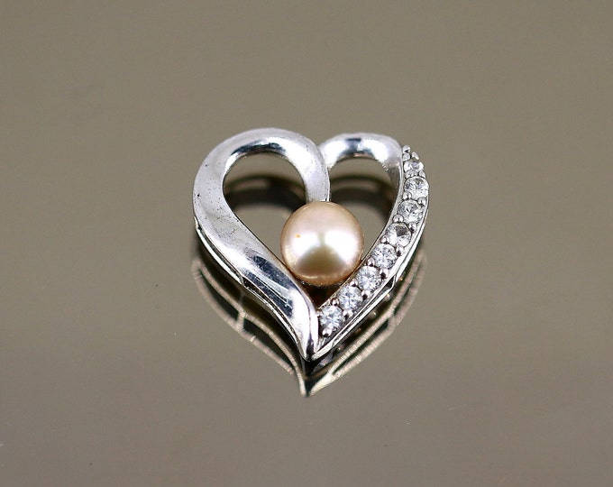 Vintage Beautiful Scroll Heart Little White Crystals CZ Pink Pearl Design Pendant 925 Sterling PD 336