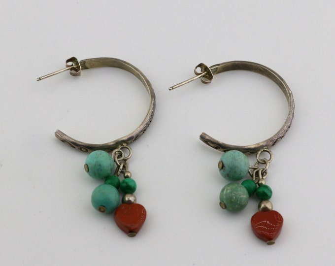 Vintage Navajo Green Turquoise Malachite Coral Geometric Multi Stone Beads Etched Ethnic Design Stud Earrings Sterling Silver 925 ER 946S