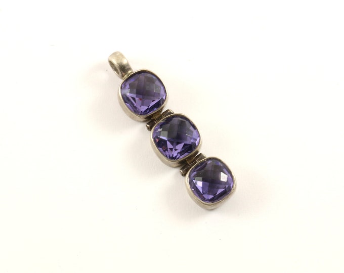 Vintage Beautiful Purple Amethyst Faceted Square Bar Design Pendant 925 Sterling  PD 2304
