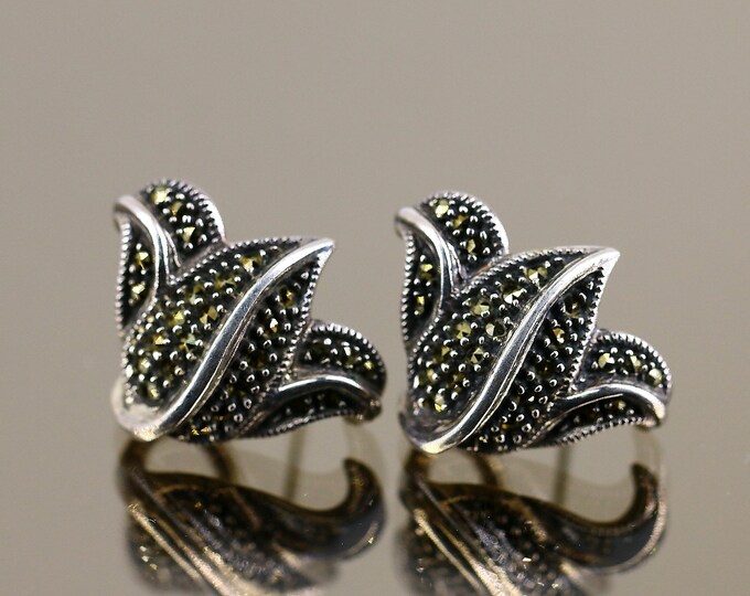 Vintage Antique Judith Jack Flower Floral Lily Tulip Shiny Marcasite Stones Design Stud Earrings Sterling Silver 925 ER 1331