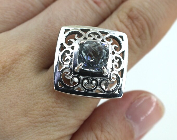 Vintage Size 6.5 Square Scroll CZ Ring 925 Sterling Silver RG 946