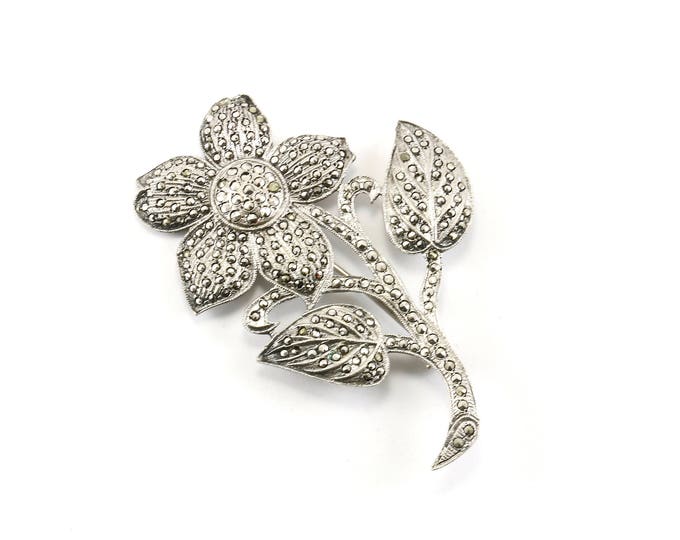 Vintage Flower Marcasite Design Pin / Brooch 925 Sterling Silver BB 748