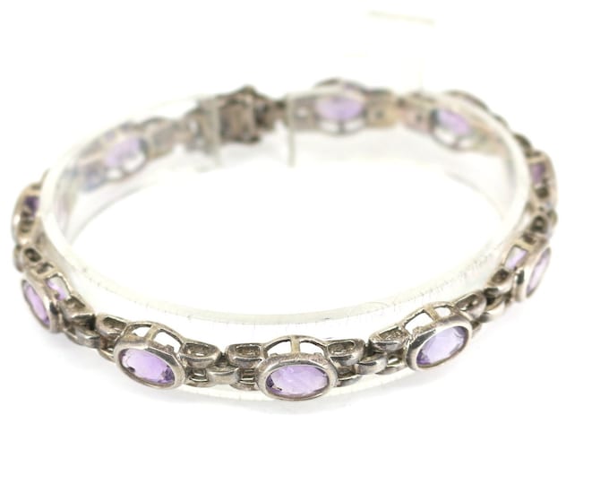 Vintage Faceted Oval Amethyst Purple CZ  Link Bracelet Sterling Silver BR 2410
