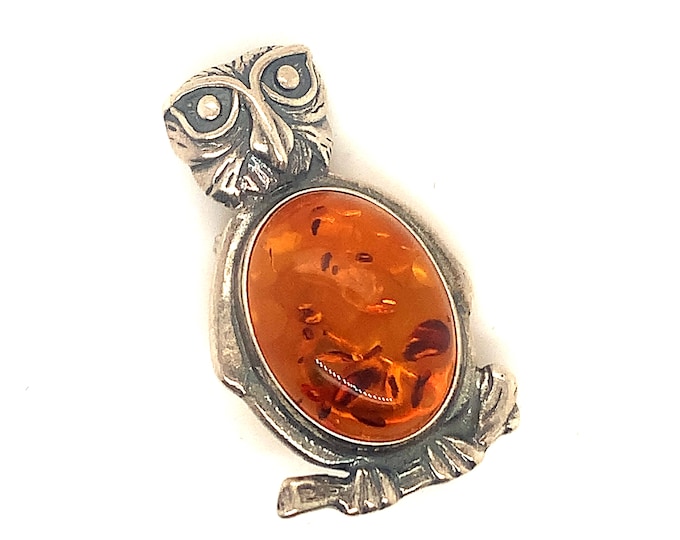 Vintage Brooch | Amber Stone  Design Brooch | Owl Design Brooch | Cut Design Brooch | Silver 925 Sterling | BB 873V