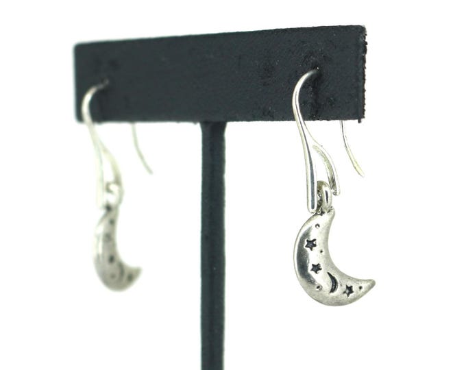 Vintage Woman's Engraved Celestial Half Moon Star Drop Dangle Earrings Sterling Silver ER 764