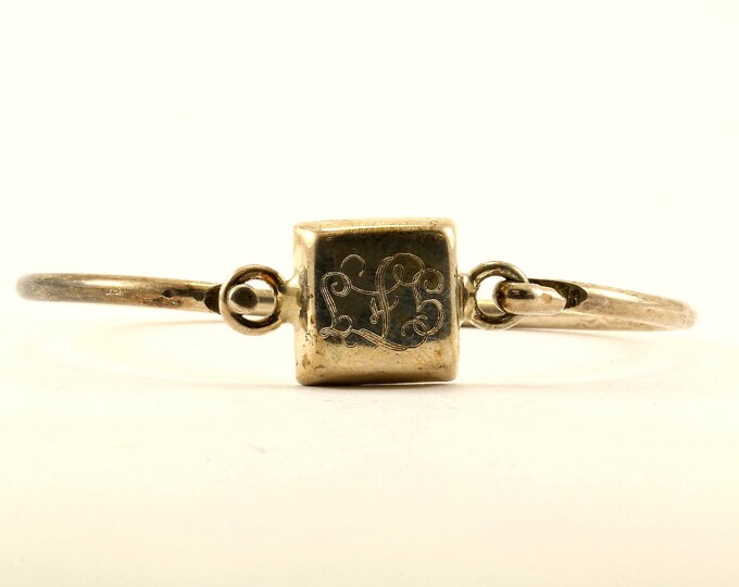 Vintage Square Shape GJJ Engraved Thin Bangle Bracelet Sterling Silver BR 2747