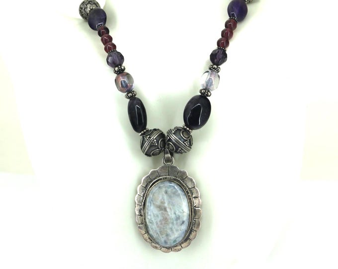 Vintage 925 Sterling Silver Amethyst Moonstone Beaded Necklace NC 001