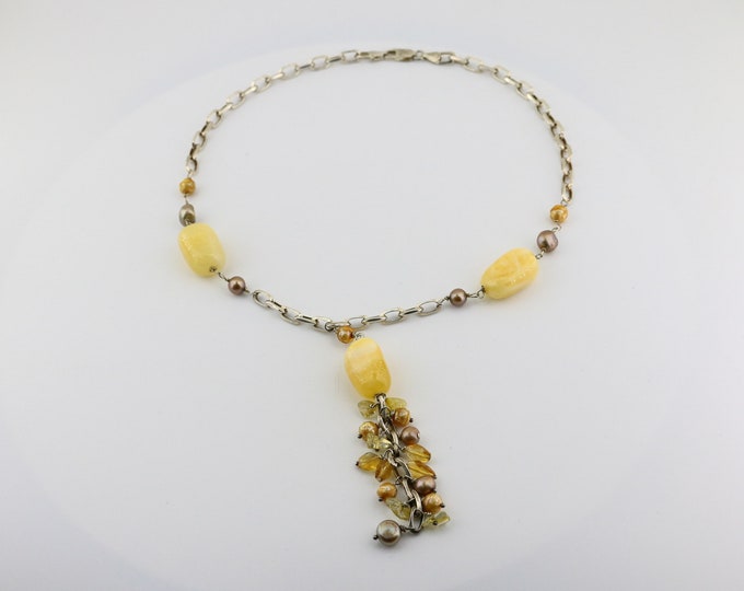 Vintage Natural Yellow Citrine Stones Natural Pearls Beads Beaded Oval Chain Gorgeous Italy Design Necklace 925 Sterling Silver NC 1073M