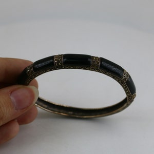 Vintage Tarnished Oval Black Onyx Bars Marcasite Stones Design Bangle Bracelet 925 Sterling BR 614A