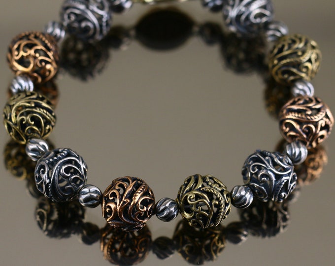 Vintage Carolyn Pollack Caged Beads Beaded Scroll Cut Three Color Design Chain Bracelet In Brass Bronze And 925 Sterling Silver BR 841