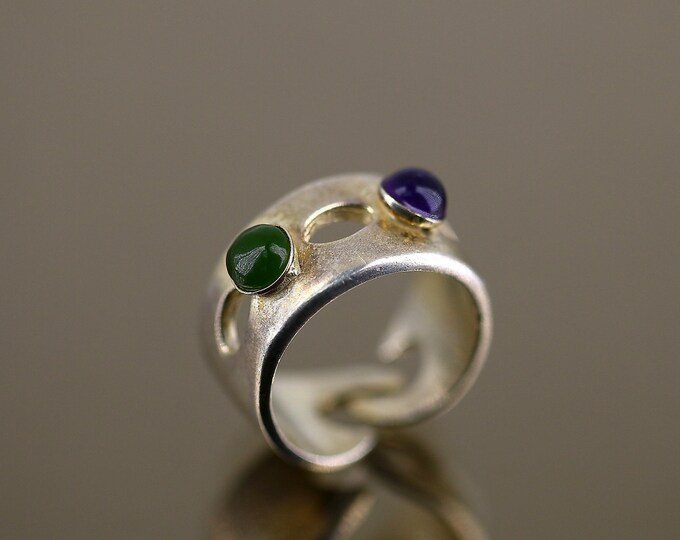 Vintage Size 6 Scroll Open Cut Amethyst Jade Beads Design Band Ring 925 Sterling Silver RG 1773