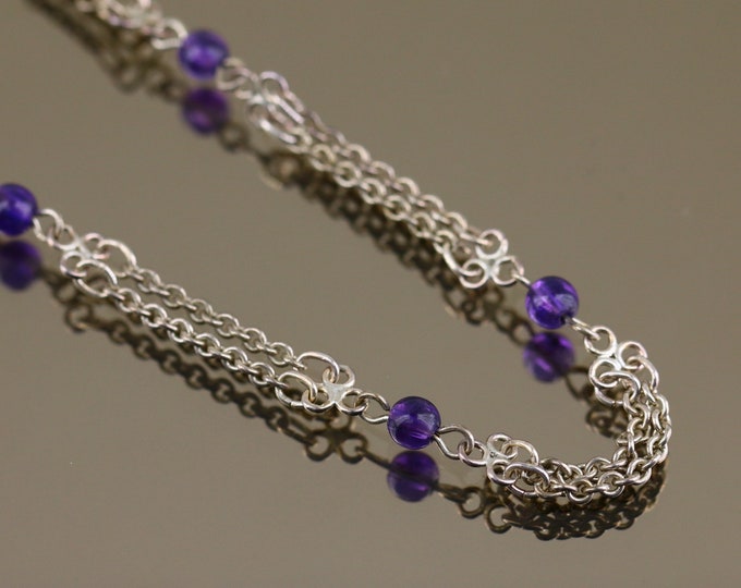 Vintage Two Lines Rolo Chain Amethyst Beads Leg Ankle Design Link Bracelet 925 Sterling Silver BR 625