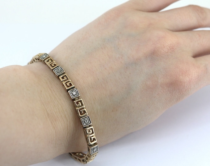Vintage Bi-color Ladies Two Tone Gold Plated Beads Design Tennis Chain Bracelet 925 Sterling Silver BR 2596
