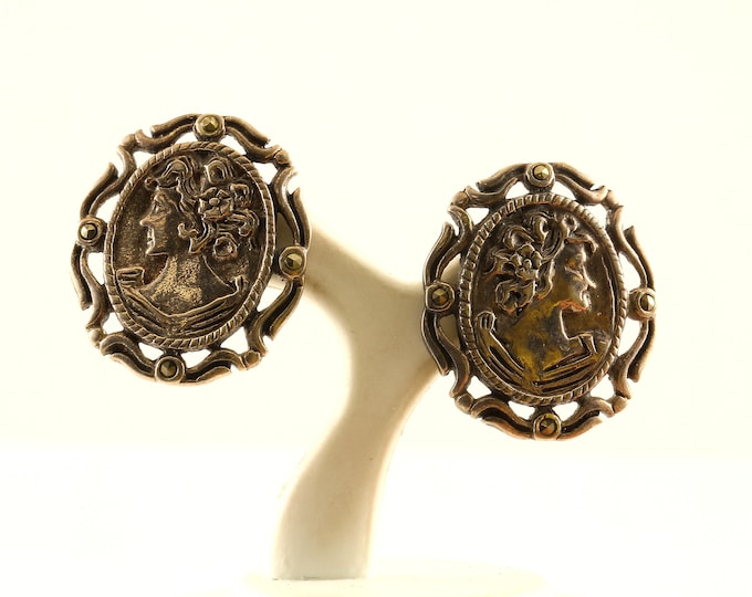 Vintage Beautiful Woman Lady Face Profile Silhouette Design Stud Earrings Sterling Silver ER 828