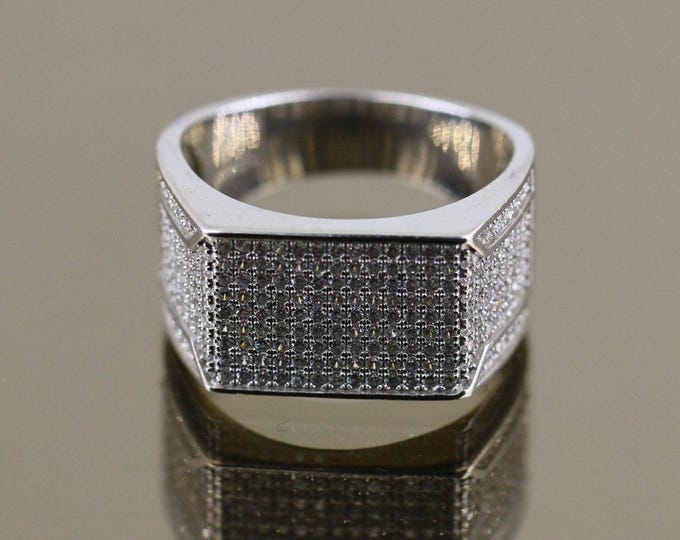 Vintage Men's Shiny White Crystals CZ Plain Simple Rectangle Design Signet Ring 925 Sterling Silver Size 10.25 RG 3545g