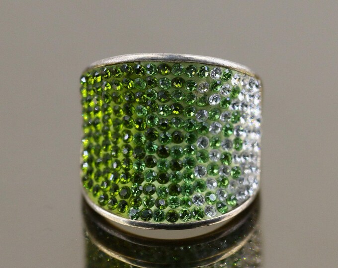 Vintage Bubble Shiny Lime Green White Crystals CZ Dome Thailand Design Ring 925 Sterling Silver Size 8 RG 4338