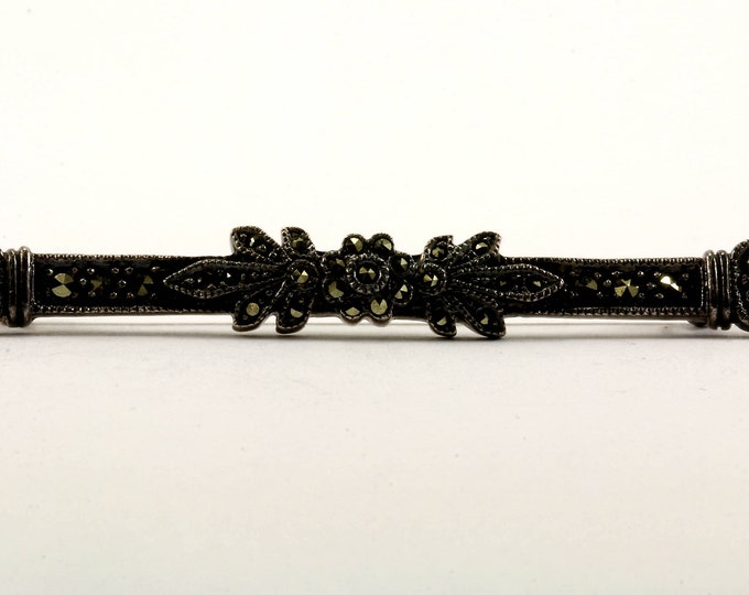 Vintage Flower Design Marcasite Inlay Pin/Brooch 925 Sterling BB 234-E