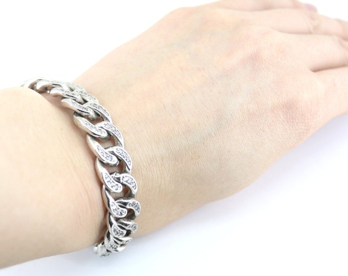 Vintage 8.5 In Men's Cuban Link CZ Crystals Gold Plated Tennis Bracelet 925 Sterling BR 2150