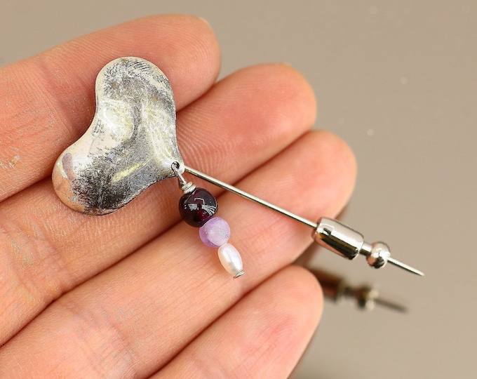 Vintage Beautiful Heart Love Tourmaline Amethyst Pearl Dangle Design Pin/Brooch 925 Sterling BB 1833