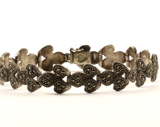 Vintage Heart Leaf Design Marcasite Link Bracelet 925 Sterling BR 1989