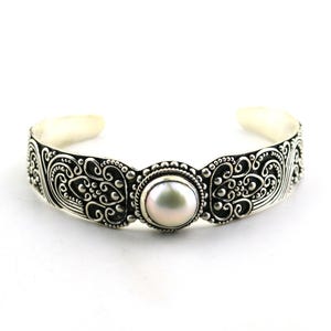 Vintage Suarti Bali Natural Pearl Beaded Scrolls Twisted Gorgeous Beautiful BA Indonesia Design Cuff Bracelet Sterling Silver Br 1190