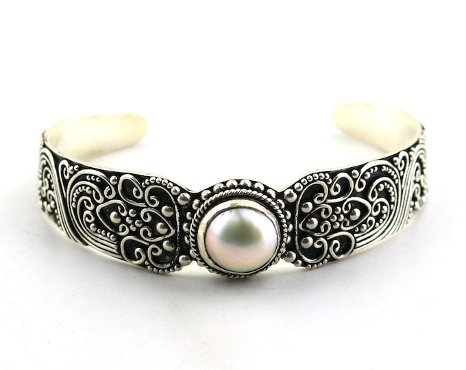 Vintage Suarti Bali Natural Pearl Beaded Scrolls Twisted Gorgeous Beautiful BA Indonesia Design Cuff Bracelet Sterling Silver Br 1190