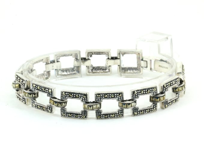 Vintage 7 In Open Square Shape Marcasite Link Bracelet 925 Sterling BR 3968