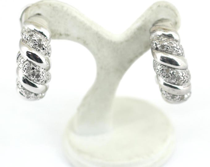 Vintage Sparkling Twisted Inlaid Diamonds  Design Hoop Earrings Sterling 925 ER 871