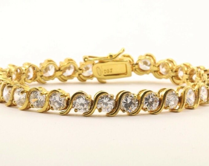 Vintage Gold Tone Cz Crystal Tennis Bracelet Sterling Br 1480