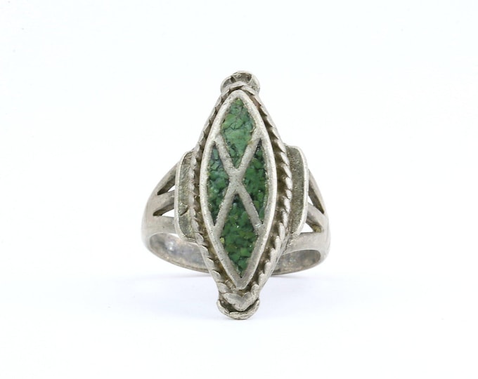 Vintage Navajo Turquoise Chip Rhombus Design Ring 925 Sterling Silver RG 3678
