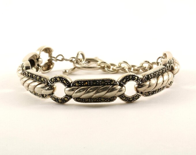 Vintage Beautiful Marcasite Twisted Bar Design Link Toggle Bracelet 925 Sterling Br 2294