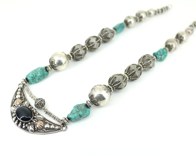 Vintage Onyx & Blue Turquoise Stone Massive Necklace 925 Sterling Silver NC 174