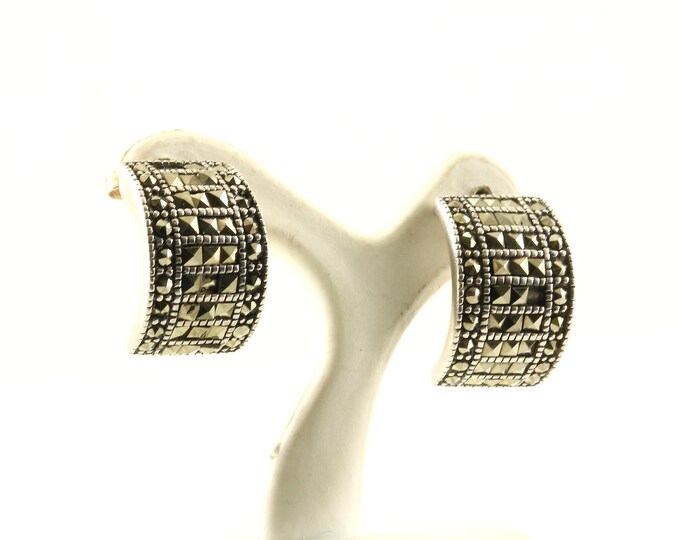 Vintage Beautiful Geometric Marcasite Design Hoop Earrings Sterling Silver ER 1200