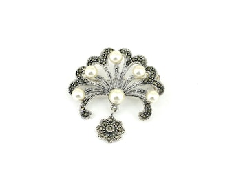 Vintage Victorian Style Marcasite & Pearls Imitations Inlay Pin/Brooch 925 Sterling BB 1866