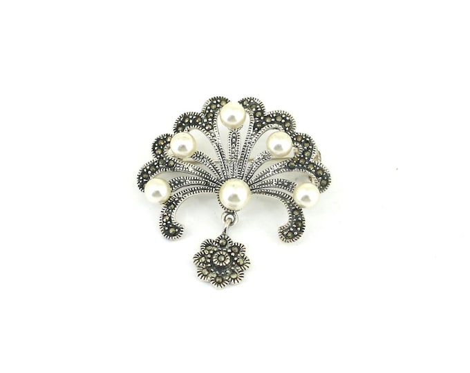 Vintage Victorian Style Marcasite & Pearls Imitations Inlay Pin/Brooch 925 Sterling BB 1866