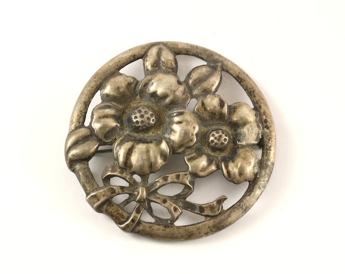 Vintage Silver Flowers Round Design Pin/Brooch 925 Sterling BB 1584