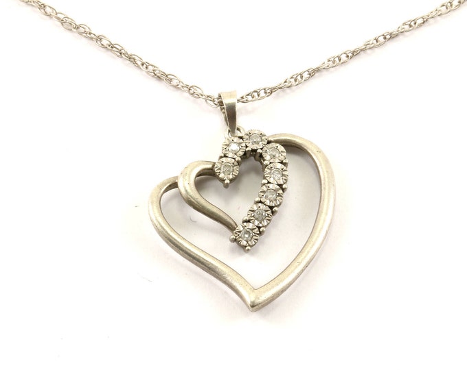 Vintage Real Diamonds Inlay Heart Design Necklace Silver NC 1061