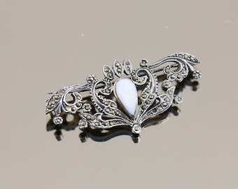 Vintage Boma Sterling Silver Brooch Mother of Pearl Scroll Design BB 1820