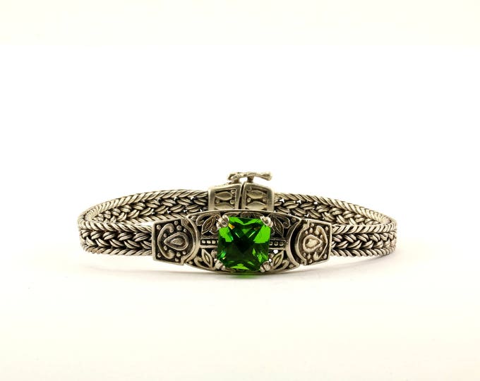 Vintage Green Color Crystal Braided Design Bracelet 925 Sterling Silver BR 28