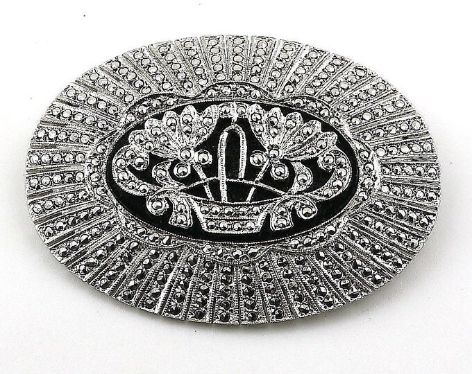 Vintage Gotham Oval Shiny White Marcasite Stones Floral Black Onyx Christmas Design Brooch Sterling Silver 925 BB 2123