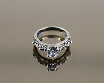 Vintage Size 6,6.25 Oval White Crystal CZ Flowers Floral Design Ring 925 Sterling Silver  Rg 848